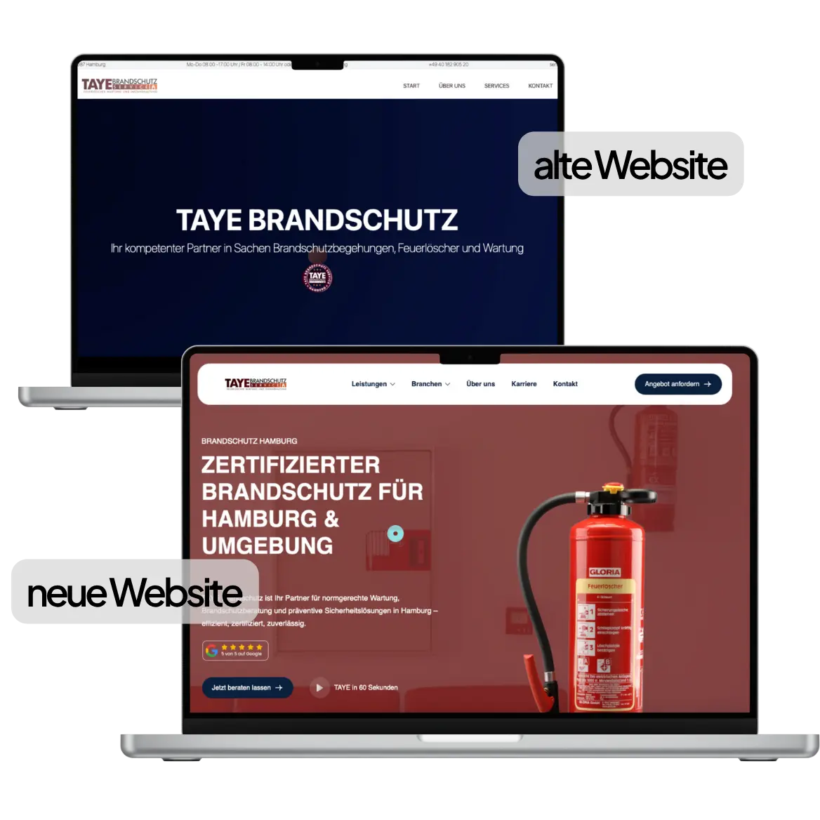 Vorher-Nachher-Vergleich der alten und neuen TAYE-Brandschutz-Website